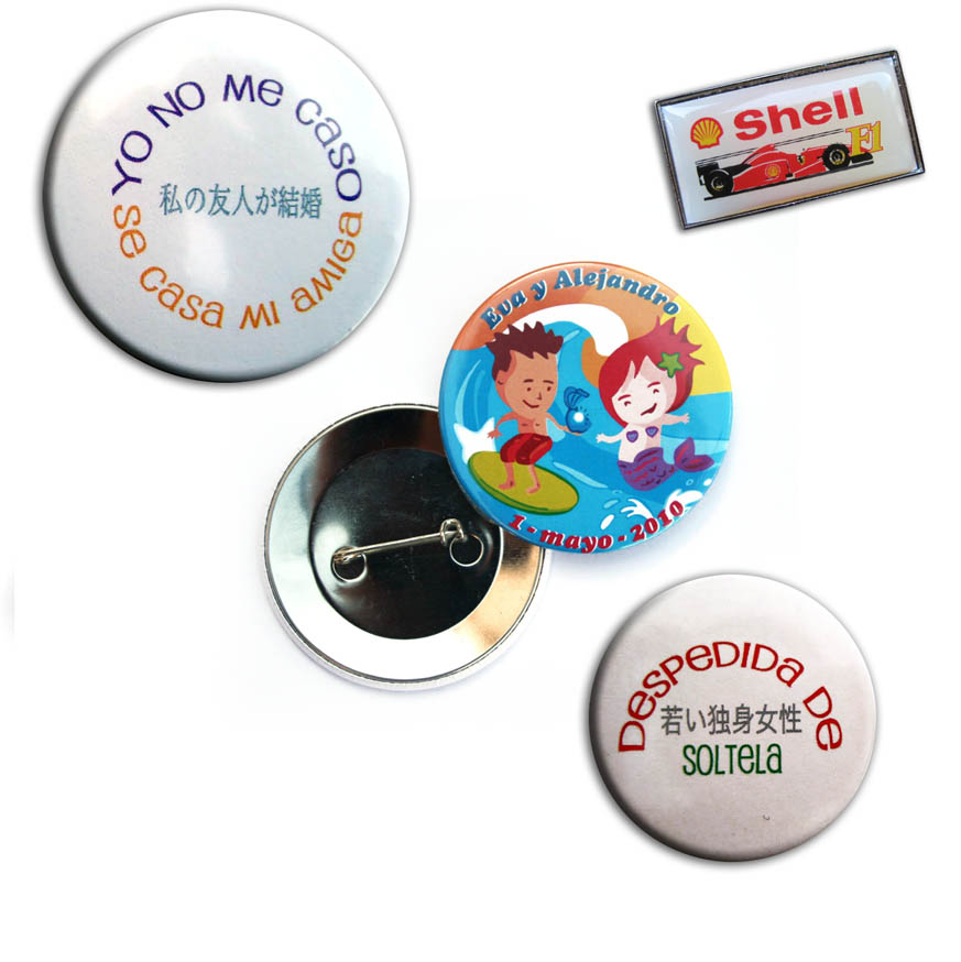 Chapas y pin's metálicos personalizados de varios tamaños con imperdible.